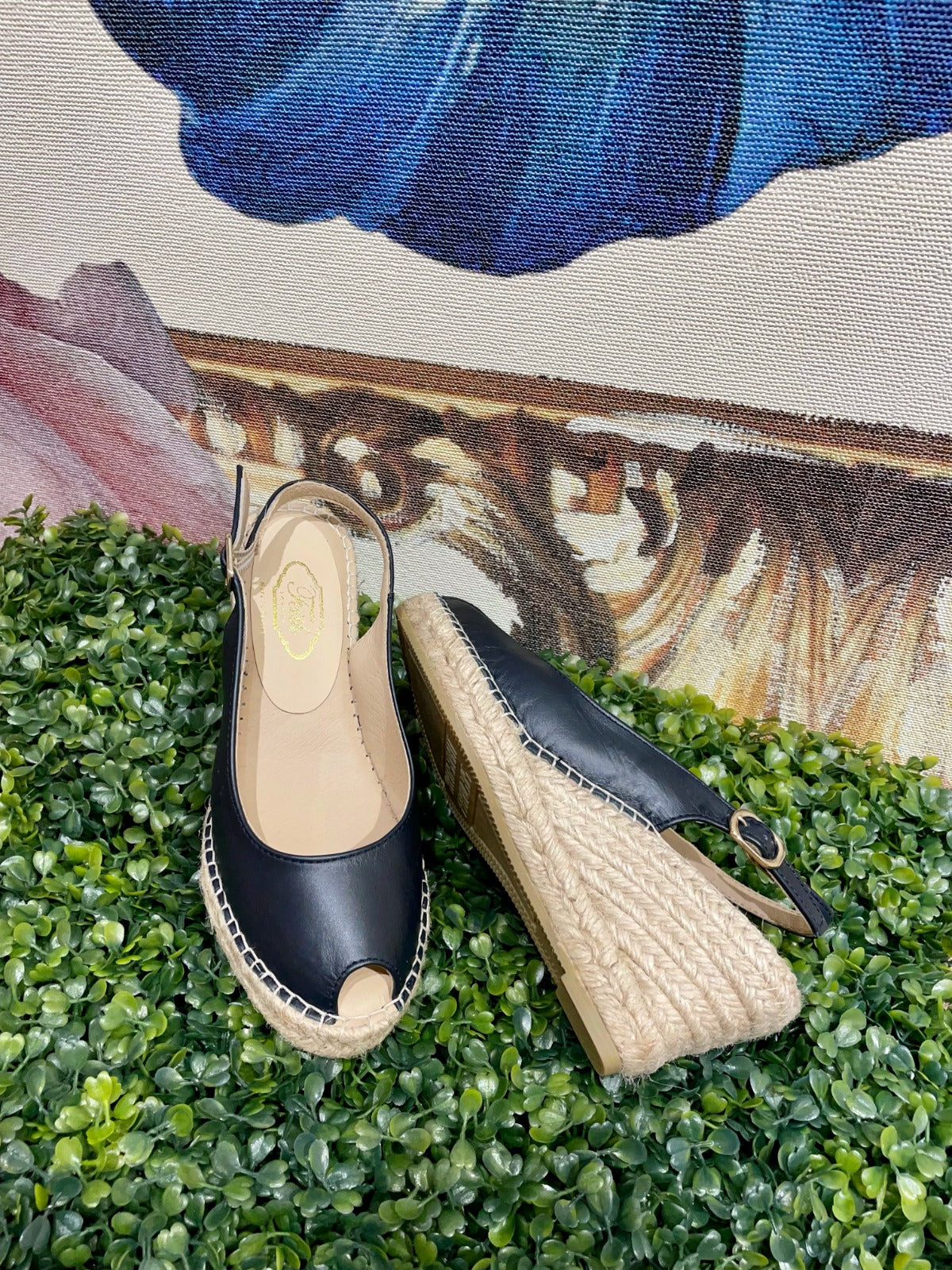 Espadrille Peeptoe Black Leather